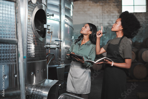 Wine, farming and distillery workers doing quality and sustainability checkup in alcohol manufacturing industry. Farmers or employees in production cellar warehouse or brewing factory business