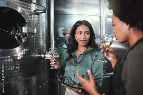 Woman winemaker discuss, planning and tasting wine in a distillery to expand the business. Alcohol management, professional or expert drinking a glass while collaborating for a startup winery cellar photo