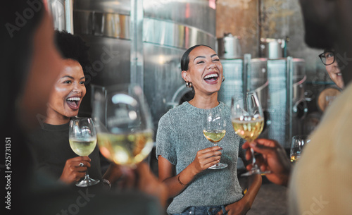 Celebration, champagne glasses and friends at wine tasting experience or celebrating success for about us hospitality homepage. Business people drinking luxury alcohol in winery business or industry