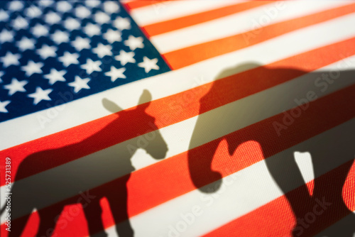 animal shadows on the flag. Democrats vs republicans are in ideological duel on the american flag. In American politics US parties are represented by either the democrat donkey or republican elephant photo
