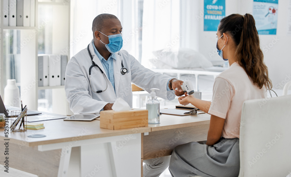 Doctor check fever of sick covid patient to test risk of cold, flu or corona in surgery. Healthcare worker consulting with laser thermometer for virus safety and wellness service in medical hospital