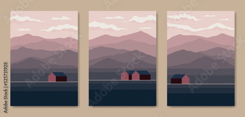 Set of three Abstract Aesthetic mid century modern scenery landscape Contemporary boho poster cover template. Minimal and natural Illustrations for art print, postcard, wallpaper, wall art.