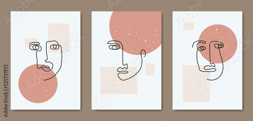 Set of three Abstract Aesthetic mid century modern line art face Contemporary boho poster cover template. Minimal and natural Illustrations for art print, postcard, wallpaper, wall art.