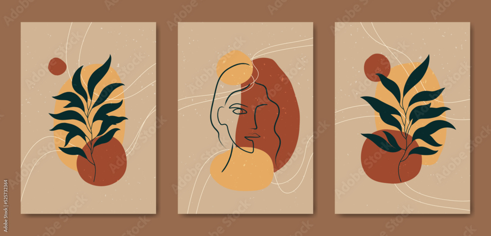 Set of three Abstract Aesthetic mid century modern line art face portrait and leaves Contemporary boho poster cover template. Minimal and natural Illustrations for art print, postcard.