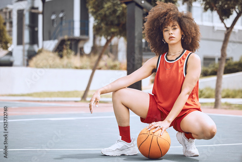 Basketball court, sports and black woman with fashion living a healthy, fitness and exercise culture lifestyle. Portrait of cool, swag and afro girl with wellness, natural beauty and empowerment
