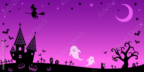 オバケと魔女シルエットのハロウィンフレーム背景_パープル（2：1）_ベクターイラスト