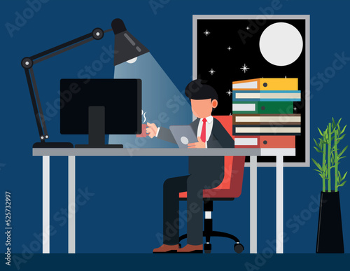 Working overtime. Businessman work hard in rush to finish project in time.