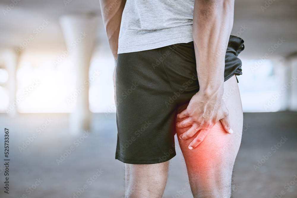 Sports man, runner and thigh injury to hamstring muscle for fitness, wellness and health person. Running, workout and exercise expert suffer medical leg pain after high performance training in city - obrazy, fototapety, plakaty 