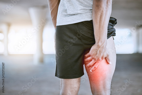 Sports man, runner and thigh injury to hamstring muscle for fitness, wellness and health person. Running, workout and exercise expert suffer medical leg pain after high performance training in city