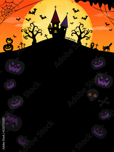 満月と館シルエットのハロウィンフレーム背景_シルエット_オレンジ_縦（3：4）_ベクターイラスト