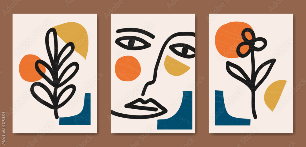 Set of three Abstract Aesthetic mid century modern line art face Contemporary boho poster cover template. Minimal and natural Illustrations for art print, postcard, wallpaper, wall art.