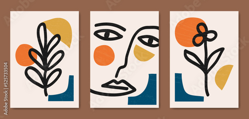 Set of three Abstract Aesthetic mid century modern line art face Contemporary boho poster cover template. Minimal and natural Illustrations for art print, postcard, wallpaper, wall art.
