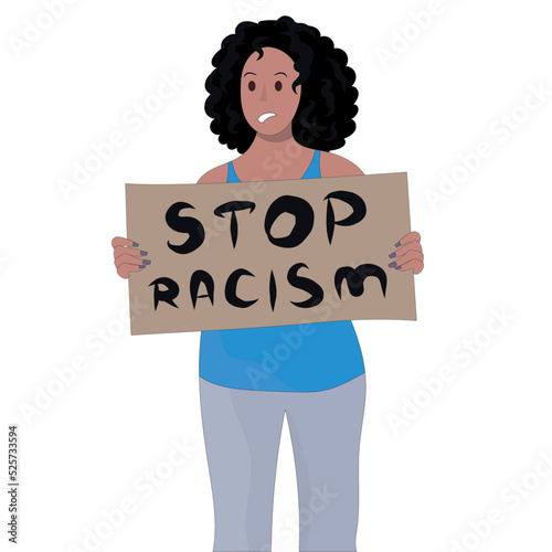 a dark-skinned woman with a poster at a rally. stop racism poster.