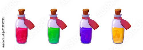 Magic potion. Cartoon game interface elements, alchemist bottles with elixir photo