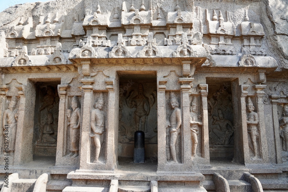 Rock cut cave temple with lingam carved in the rock. Monolithic ancient temple in Mahabalipuram, Tamilnadu.