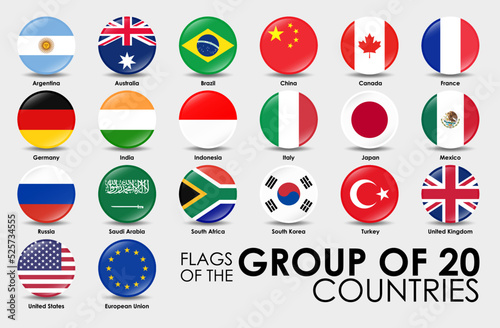 Flags of the G20 Countries Vector illustration. Round shaped flags
