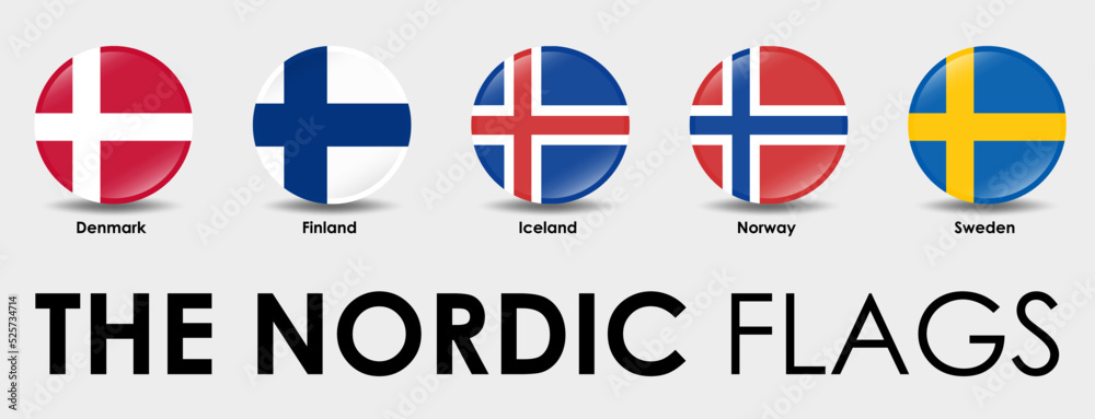 The Nordic countries flag. Set of round flags designed on gray background The Nordic countries flag. Set of round flags designed on gray background