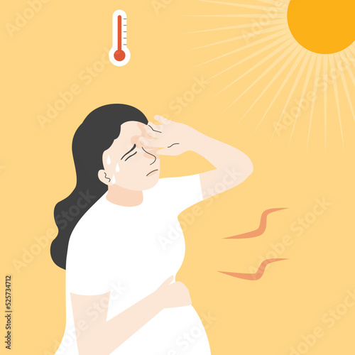 A pregnant woman get problem under the sun, flat vector illustration.
