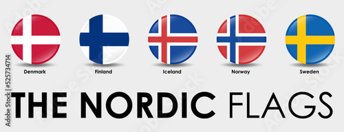 The Nordic countries flag. Set of round flags designed on gray background