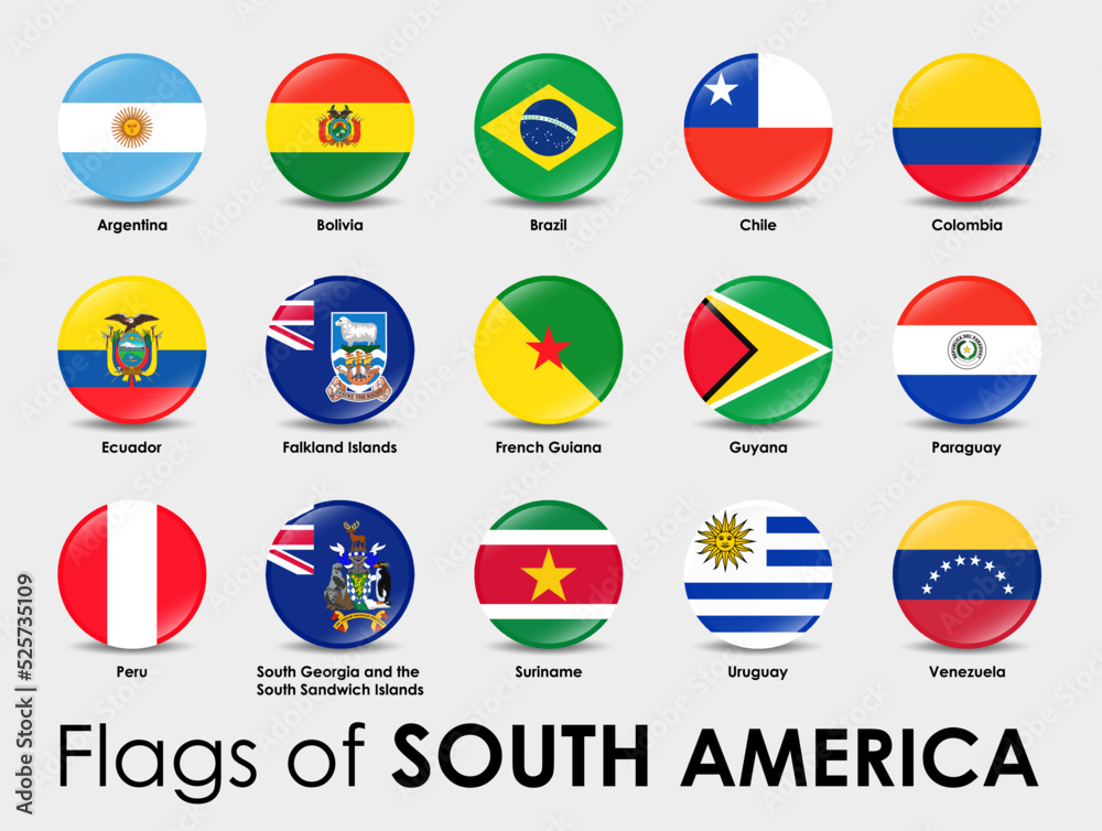 Set of South America flags. Simple round-shaped flags on gray background. Set of South America flags. Simple round-shaped flags on gray background.
