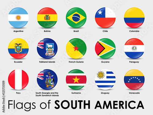 Set of South America flags. Simple round-shaped flags on gray background. © 397HOUSE