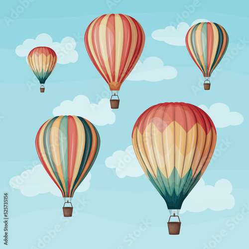 Balloons. A set of hot air balloons of different colors. Colored balloons flying across the sky. Vector illustration