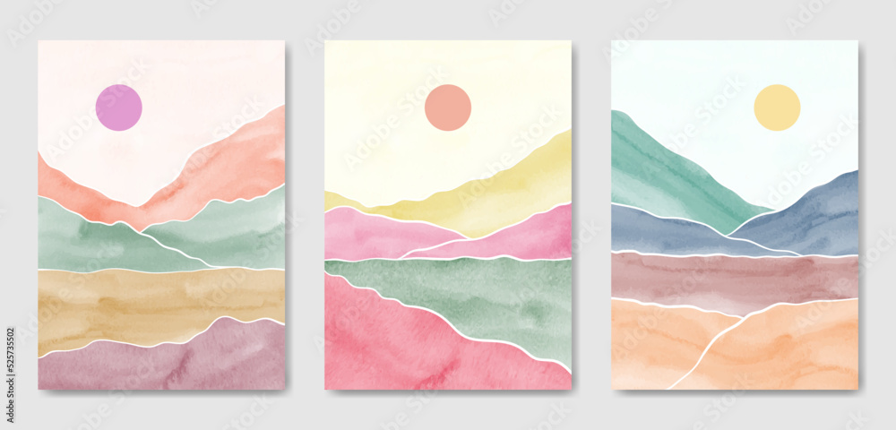 Abstract Contemporary mid century modern Landscape boho poster template. Aesthetic Modern Art Minimal and natural mountains compositions for postcard cover wallpaper wall art home decor