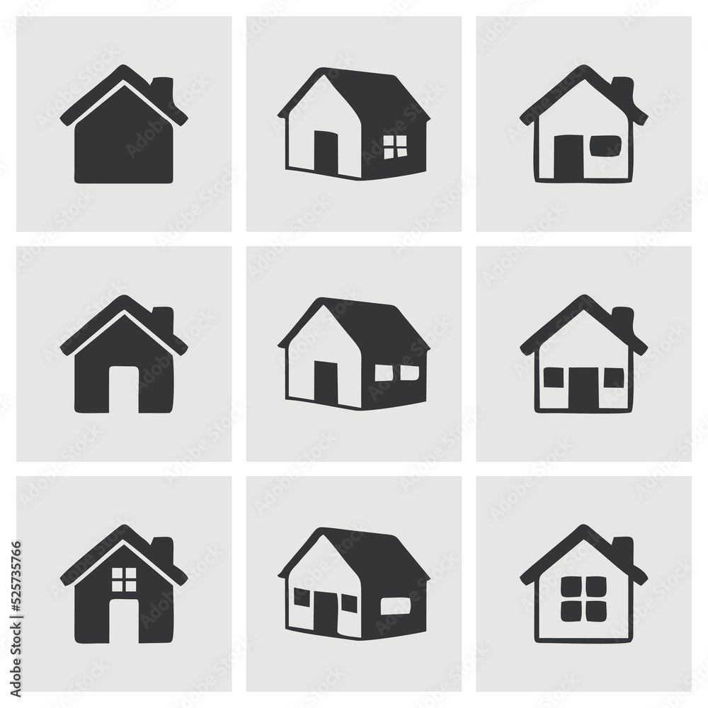 9 Symbols or icons of houses, stores, buildings isolated on black. Silhouette of property logo for sale, rent or sold. Editable vector