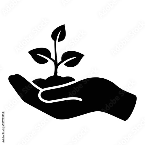 Silhouette of a hand carrying a plant to be planted. Illustration of caring for the environment as well as projects to protect the environment and the earth.Silhouette of a hand carrying a plant to be