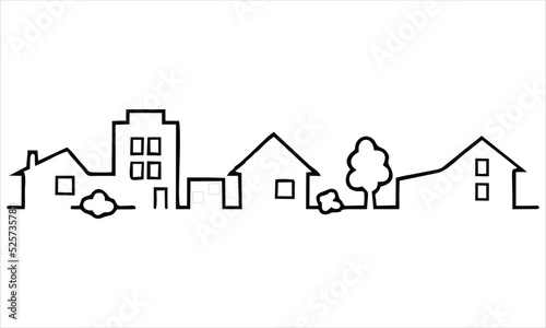 Illustration of a row of buildings and tall houses lined up to form a row of comfortable settlements. A symbol of quiet and comfortable urban life. Editable Vector