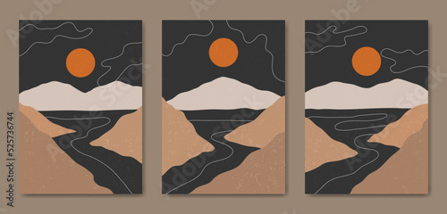 Abstract Contemporary mid century modern Landscape boho poster template. Aesthetic Modern Art Minimal and natural mountains compositions for postcard cover wallpaper wall art home decor