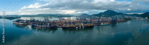 Photography Shenzhen ,China - Circa 2022: Aerial view of container ship in Yantian port in S