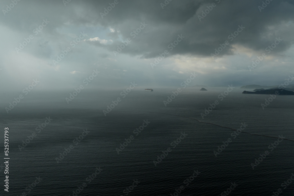 Fototapeta premium Aerial view of sea freight ship sailing in Shenzhen city, China