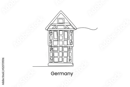 Single one line drawing german thalf-timbered house. Traditional house concept. Continuous line draw design graphic vector illustration.