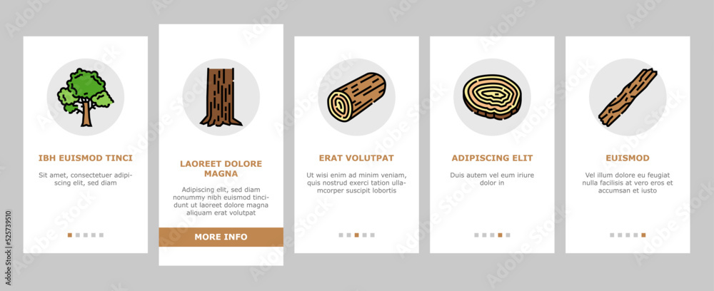 wood timber tree wooden material onboarding icons set vector