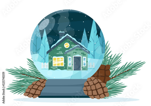 A snow globe with a house on the background of a snow-covered forest.