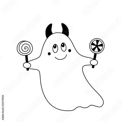 Vector doodle kind cute ghost with devil's horns and candies in hands.Kid cartoon halloween design element.Outline.Isolated on white background.