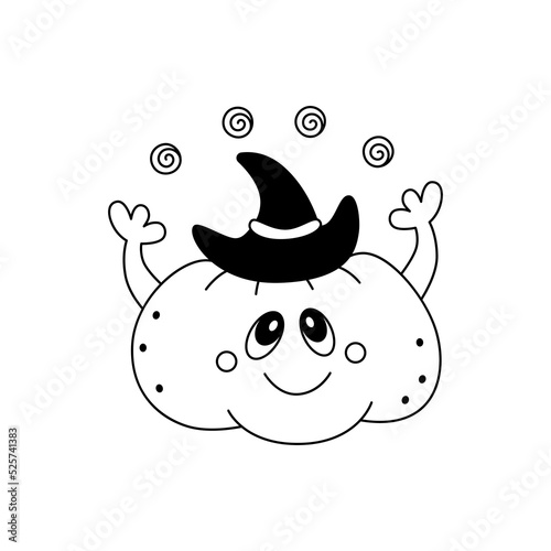 Doodle cute hallooween happy pumpkin with witch hat on head.Childish festive cute halloween design element.Outline.Isolated on white background.