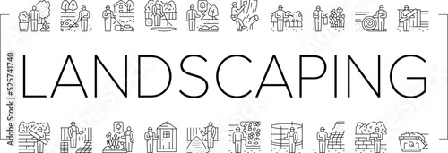 garden landscape lawn landscaping icons set vector