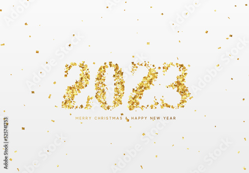 Happy New Year 2023. Design Realistic golden paper confetti in shape of number 2023. Vector illustration