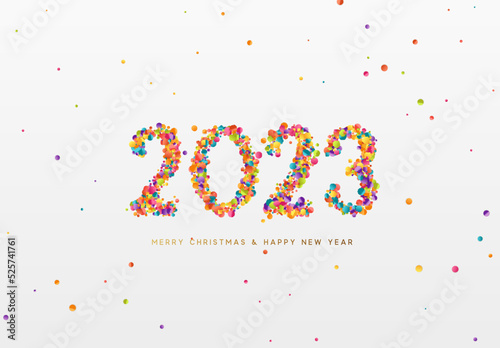 Happy New Year 2023. Design Realistic colorful paper confetti in shape of number 2023. Vector illustration