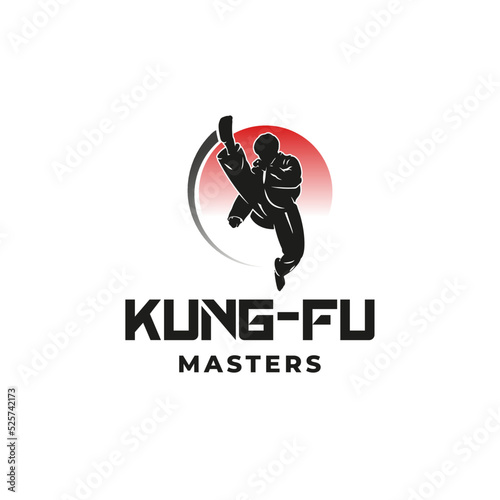 Kung Fu master logo. man jumps with kicks fight logo design template