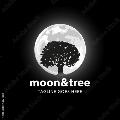 shining moon and tree logo. dreaming tree logo design template