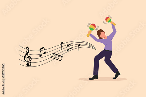Business design drawing woman street band player mariachi plays maracas. Female performer with maracas musical instruments, mariachi player at national festival. Flat cartoon style vector illustration