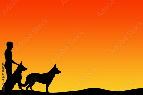 Boy with two dogs, gradient background 