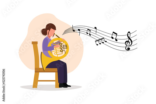 Business flat cartoon style drawing female musician performing classic melody on French horn. Instrumentalist playing music on brass instrument. Woman with trumpet. Graphic design vector illustration