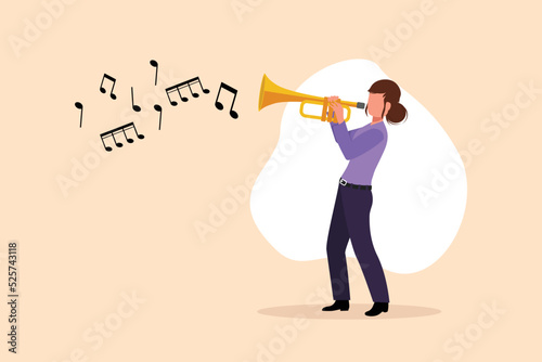 Business flat drawing woman playing trumpet. Music instrumental. Jazz musician playing trumpet instrument. Trumpet player. Orchestra performer. Music performance. Cartoon design vector illustration