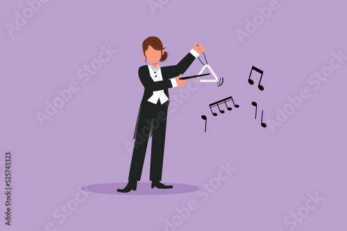 Business flat cartoon style draw woman musician playing musical triangle. Classical orchestra artist with music instrument. Professional musician performs on stage. Graphic design vector illustration