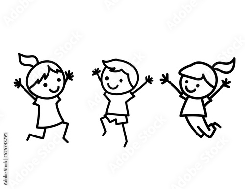Set of doodle kids figures. Cute stick boys and girls jumping. Vector illustration isolated on white