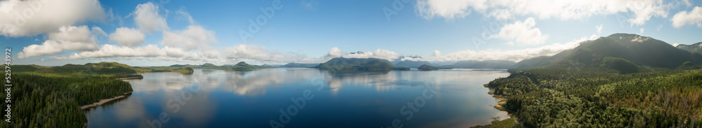 Aerial Panoramic View of Kennedy Lake during a vibrant sunny day. Located on the West Coast of Vancouver Island near Tofino and Ucluelet, British Columbia, Canada.